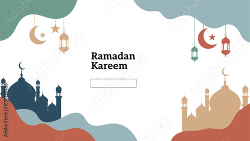 A beautifully designed Ramadan Kareem greeting card background featuring mosque silhouettes elegant lanterns crescent moons and stars in a soothing pastel color palette perfect for Islamic celebration