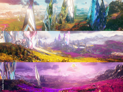 A Triptych Vision of the Shimmering Crystal Valley, Bathed in Transcendent Luminescent Hues