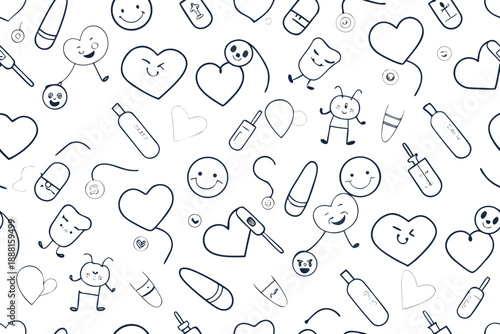 Cartoon medical with smiling faces and hearts pills