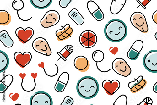Cute medical doodle seamless pattern with pills capsules hearts and smiling faces