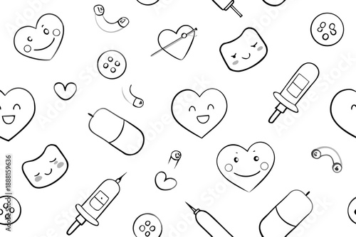 Cute medical doodle seamless pattern with hearts and pills