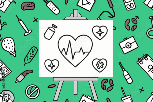 Green background with medical doodles and easel with heart on canvas seamless
