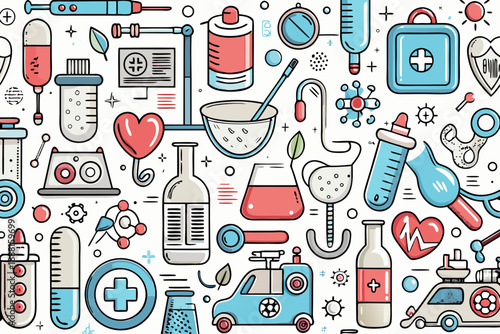 Highly detailed medical doodle seamless pattern with colorful laboratory and healthcare