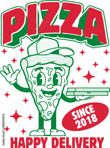 Vintage Pizza Mascot Cartoon Illustration for T-Shirt, Retro Food Character Vector, Happy Delivery Streetwear Design