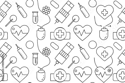 Medical themed seamless pattern with black line on white background line black and white healthcare syringe