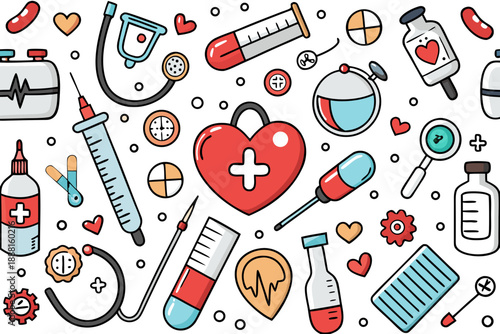 Medical themed seamless pattern with cartoon style on white background healthcare 1