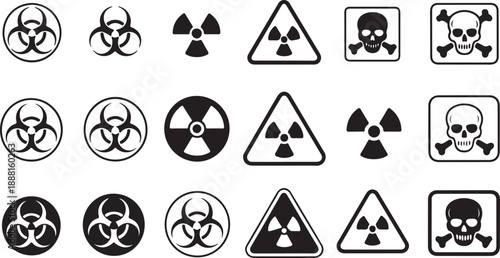 Vector illustration set of various icon shapes including traffic road signs and warning symbols for biohazard, radiation, and safety risk hazards