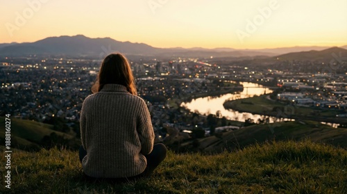 A young woman on a road in Paris relaxes while looking at a sunset mountain view, blending a travel lifestyle with a peaceful meditation on nature and freedom