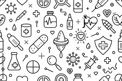 Minimal medical seamless pattern on white background black line healthcare symbols medicine virus syringe