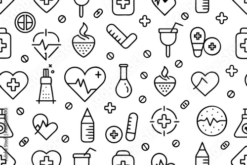 Minimal medical seamless pattern on white background healthcare symbols line black and white pills