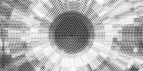 Halftone arch background. Radial comic semi circle wallpaper. Black and white dotted arc gradient. Fading rough dot hemisphere concept. Grungy pop art gradation backdrop. Vector
