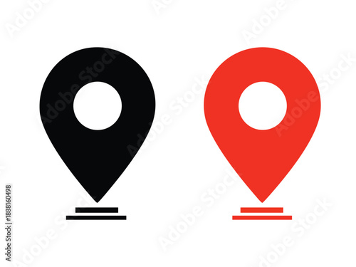 location icon, map pin icons in outline, black and red styles. for maps, GPS, navigation apps, location markers, address indications, and geolocation interfaces