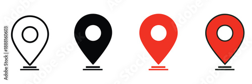 location icon, map pin icons in outline, black and red styles. for maps, GPS, navigation apps, location markers, address indications, and geolocation interfaces