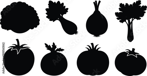 Black silhouette icons of assorted vegetables and fruits including broccoli, onion, parsley, tomato, and pomegranate for food visuals