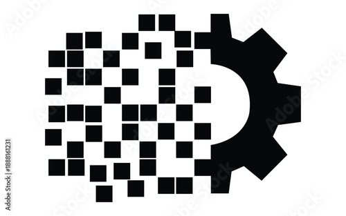 Partially pixelated gear representing digital decay or technological disruption