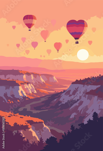 Cappadocia, Turkey sunrise Hundreds hot air balloons floating sky, some shaped like hearts Warm orange pink canyon landscape Flat