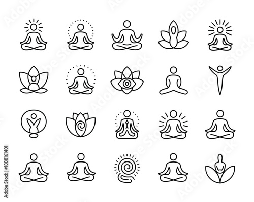 Collection of vector icons featuring yoga poses and lotus flowers in minimalist line art style