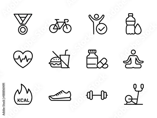 Black and white vector icons represent health, fitness, and wellness concepts