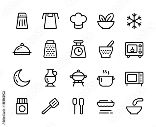 Collection of vector icons representing kitchen and cooking equipment.