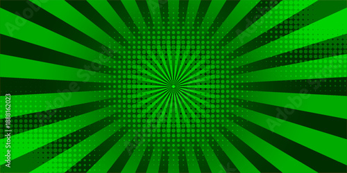 Green comics background. Abstract lines backdrop. Bright sunrays. Design frames for title book. Texture explosive polka. Beams action. Pattern motion flash. Rectangle fast boom. Vector illustration