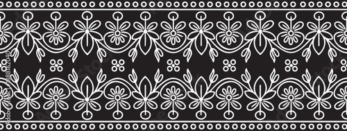 Traditional Bengali Alpona design for festive occasions, intricate floral motifs in white on a dark background, vector art for celebrations.