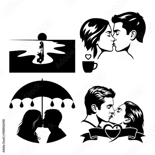 Couple kissing with leaf wreath silhouette for International Kissing Day