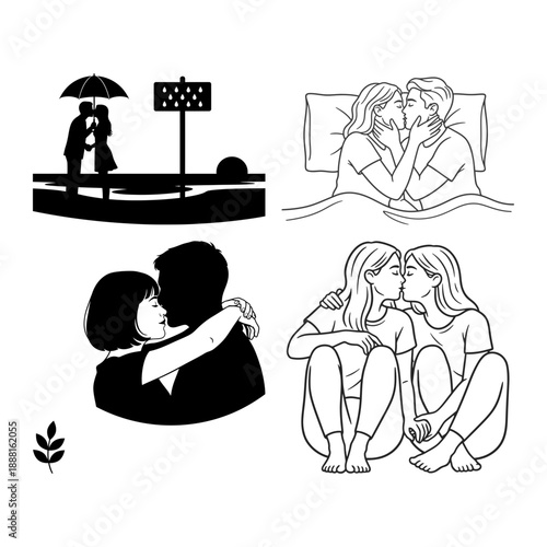 Couple kissing under umbrella in rain silhouette for International Kissing Day