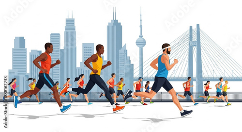 Diverse group of athletes running a marathon race in a modern city.