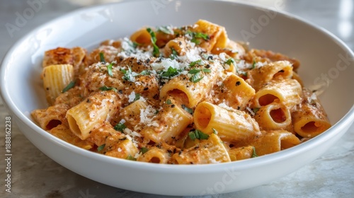 Creamy rigatoni pasta with tomato sauce and fresh herbs.