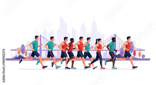 Diverse Group of Athletes Running a Marathon Race Outdoors.