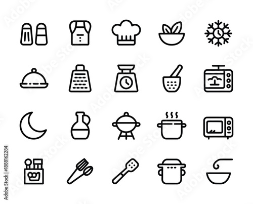 Collection of vector icons representing various kitchen and cooking tools