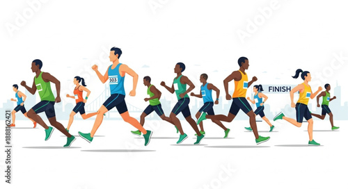 Diverse group of athletes running a race towards the finish line.