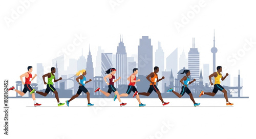 Diverse group of athletes running marathon in city skyline.