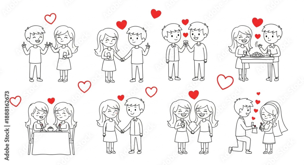 Fototapeta premium Cute Couple Illustrations with Hearts.