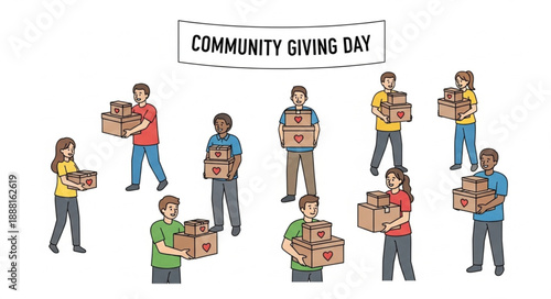 Diverse Group of People Carrying Donation Boxes Community Giving Day.
