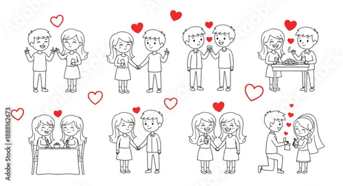 Cute Couple Illustrations with Hearts.