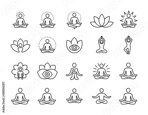 Collection of vector icons illustrating yoga poses and meditation concepts in black and white design