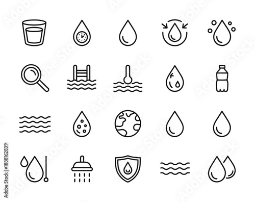 Collection of vector water icons representing hydration and environmental themes