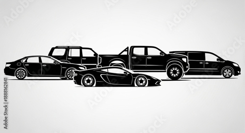 Diverse collection of black vehicle silhouettes on a white background.