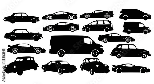 Diverse Collection of Car Silhouettes Representing Various Vehicle Types.