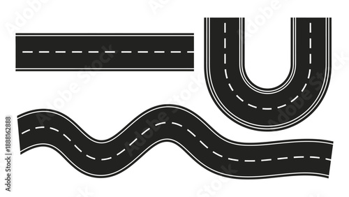 Black and white road path vector graphics with straight u turn and wavy sections on plain background for navigation and transportation concepts
