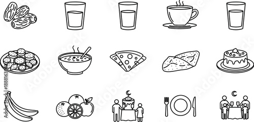 Comprehensive collection of black line art icons featuring various food items drinks and dining scenes perfect for menu design or iftar concepts