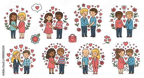 Diverse Couples Holding Hands Surrounded by Hearts and Flowers.