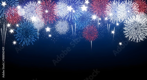 Vibrant fireworks display in red, white and blue for patriotic USA celebration, festive night sky background for Independence Day, Memorial Day and national holidays