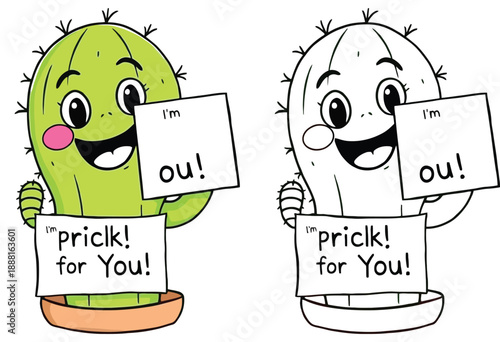 Adorable green potted cactus cartoon character with signs in a vector illustration outline style for a children's activity or coloring book page