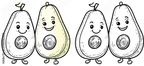 Adorable cartoon avocado couple with joyful expressions Funny fruit characters standing together in a hand-drawn, vector illustration style for Valentine's Day design