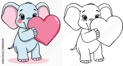 Adorable vector design of a young elephant clutching a large pink heart for a Valentine's Day card or coloring book page