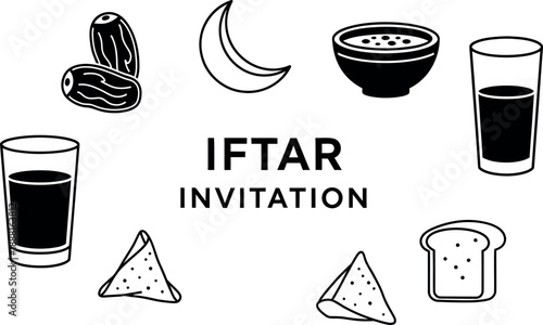Elegant Iftar invitation design featuring traditional Ramadan food and Islamic symbols like dates and crescent moon vector art