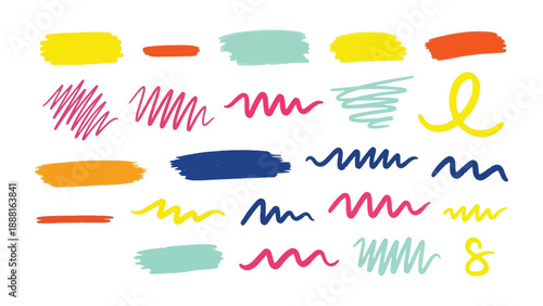 Vibrant colorful brush strokes and squiggles on white background for creative design