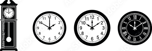 Clock Face and Timepiece Collection Vector Silhouette Black and White Cricut Design with Roman and Arabic Numerals for Home Decor and Time Management Icons